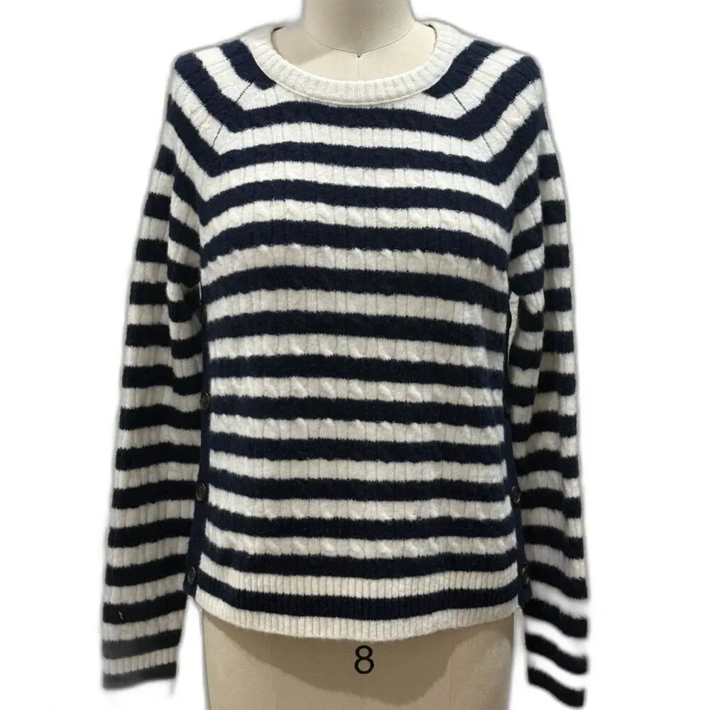 J.Crew Navy and White Stripe Sweater Womens Sz S Buttons-up on the Sides Coastal